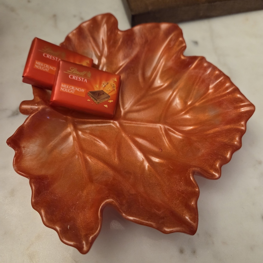 Metallic Leaf Shaped Decorative Bowl - Copper Orange